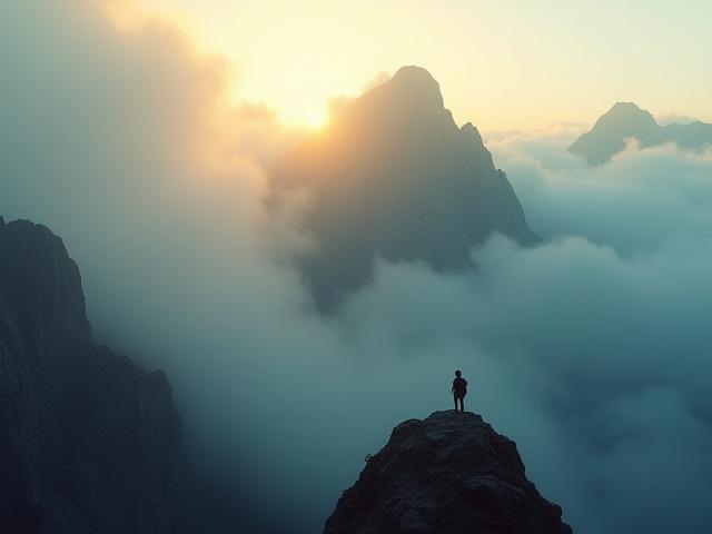 Majestätische Berggipfel, die durch eine Nebeldecke brechen, symbolisieren Entschlossenheit und Biografien.