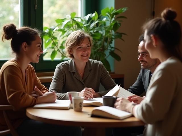 Eine kleine Gruppe von Menschen sitzt gemütlich zusammen, diskutiert lebhaft über Bücher und trinkt Kaffee in einer warmen und freundlichen Umgebung.